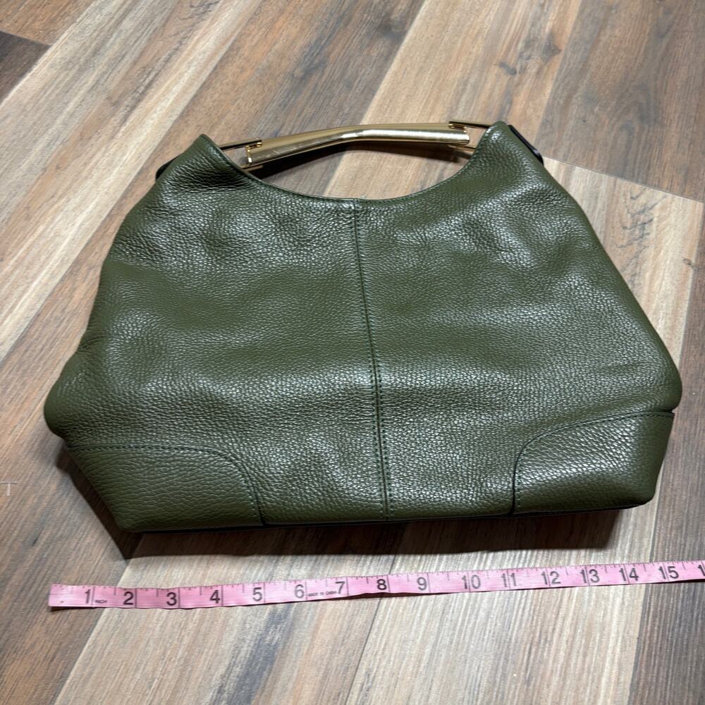 Vera Pelle Gold Top Handle Hobo Bag Army Green Genuine Leather Zip Pocket Italy - Picture 2 of 9